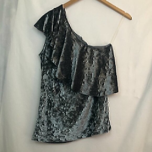 NWOT TART Ruffled One Off Shoulder Velvet Top Grey Velour Ruffle Sleeveless SM - Picture 7 of 7